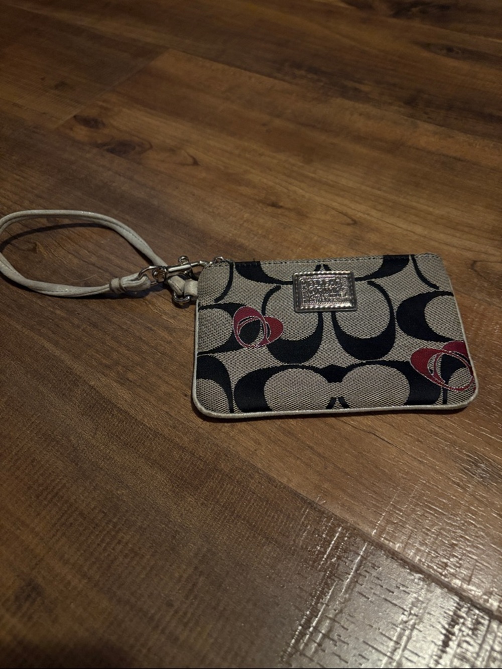 Coach Signature Heart Accent Wristlet in Beige, Black and Red